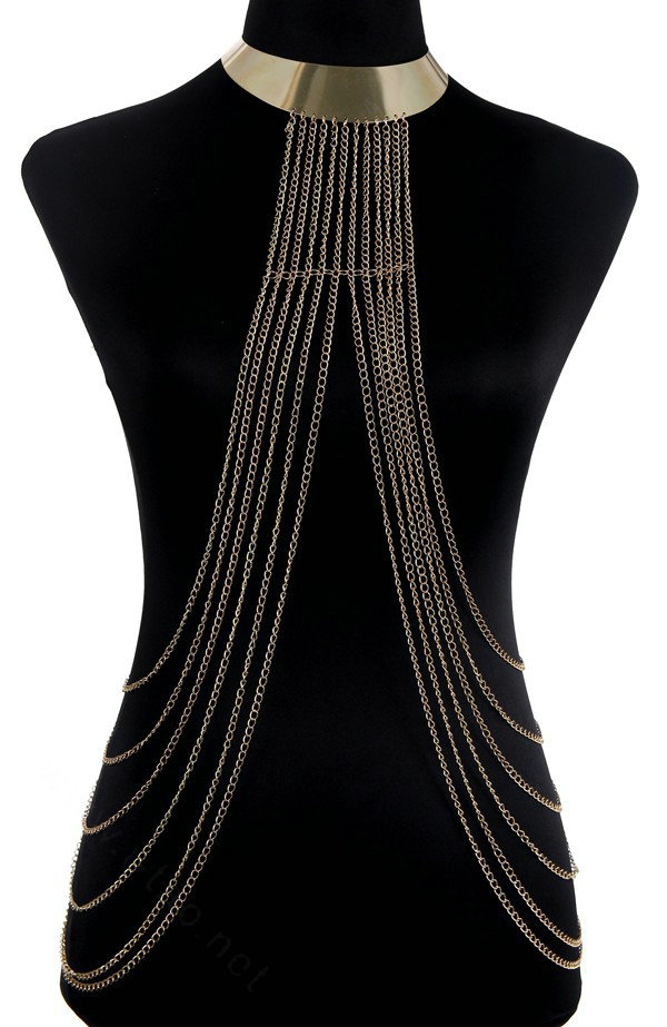 Simple Multi Layer Body Chain Punk Long Choker Necklace Harness Bikini Jewelry - Gold
