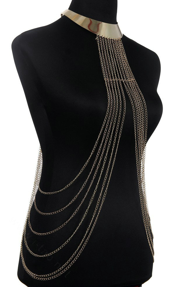 Simple Multi Layer Body Chain Punk Long Choker Necklace Harness Bikini Jewelry - Gold
