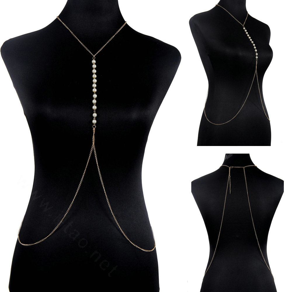 Simple Pearl Drop Necklace Bikini Body Chain Belly Evening Dress Decor Jewelry - Sliver
