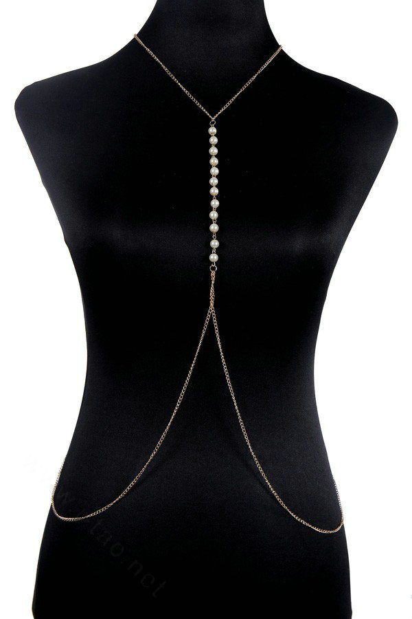 Simple Pearl Drop Necklace Bikini Body Chain Belly Evening Dress Decor Jewelry - Sliver