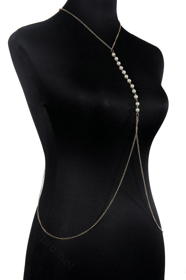Simple Pearl Drop Necklace Bikini Body Chain Belly Evening Dress Decor Jewelry - Sliver