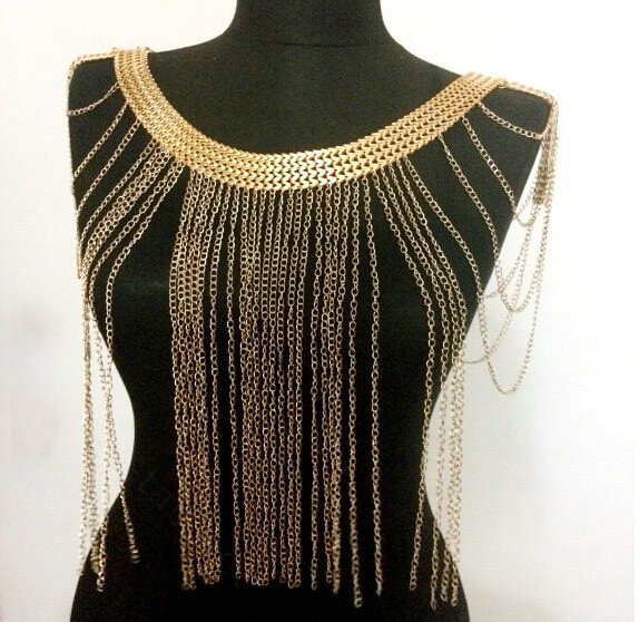 Unique Alloy Shoulder Necklace Showgirl Multi layer Heavy Tassel Body Chains Jewelry - Gold