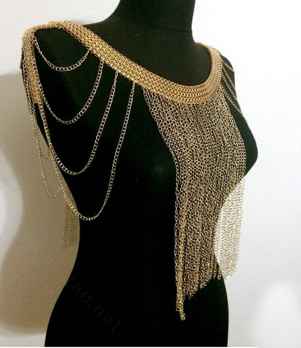 Unique Alloy Shoulder Necklace Showgirl Multi layer Heavy Tassel Body Chains Jewelry - Gold