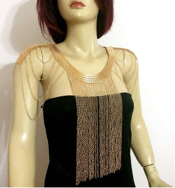 Unique Alloy Shoulder Necklace Showgirl Multi layer Heavy Tassel Body Chains Jewelry - Sliver