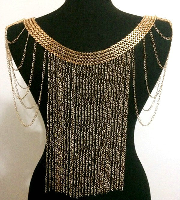Unique Alloy Shoulder Necklace Showgirl Multi layer Heavy Tassel Body Chains Jewelry - Sliver