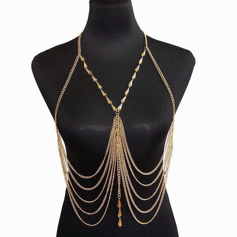 Unique Beach Bikini Breast Bra Slave Harness Chains Multilayer Necklace Jewelry - Gold