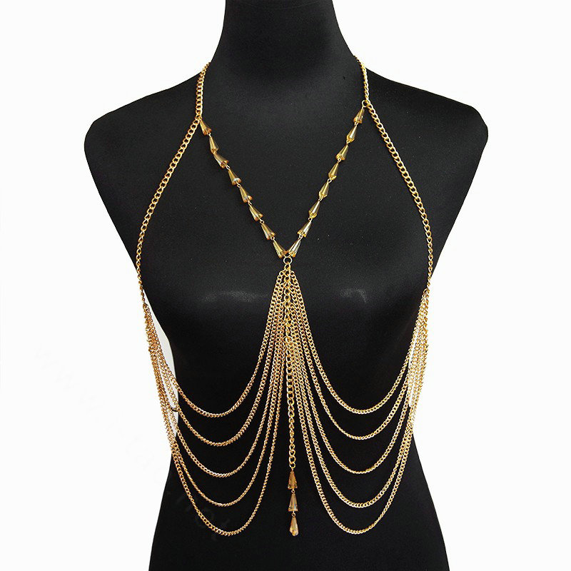 Unique Beach Bikini Breast Bra Slave Harness Chains Multilayer Necklace Jewelry - Gold