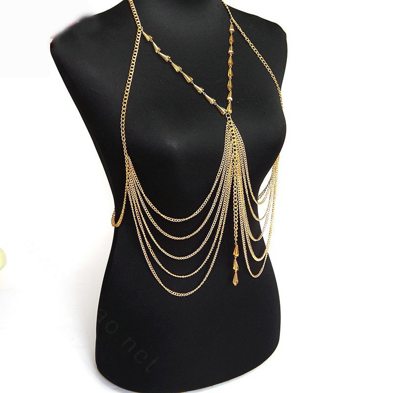 Unique Beach Bikini Breast Bra Slave Harness Chains Multilayer Necklace Jewelry - Gold