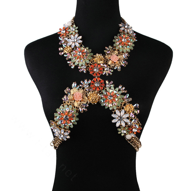 Unique Crystal Flower Pendant Necklace Bikini Beach Dress Decro Body Chain Jewelry - White