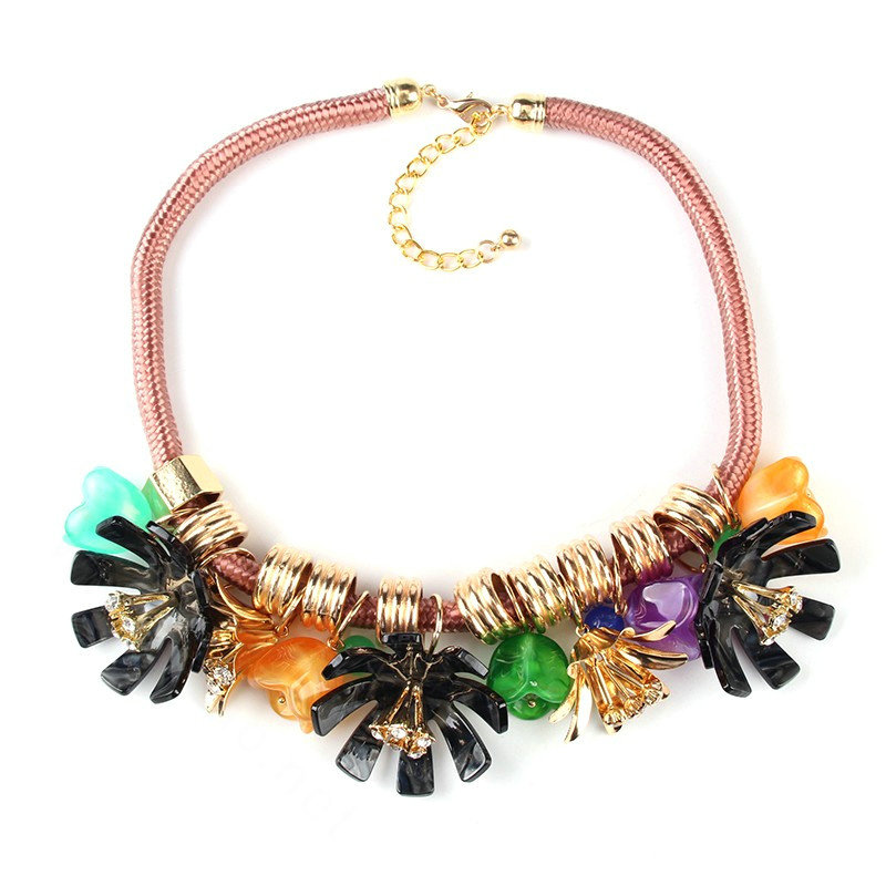 Unique Women Flowers Choker Necklace Sweater Chain Dress Decro Jewelry - Black