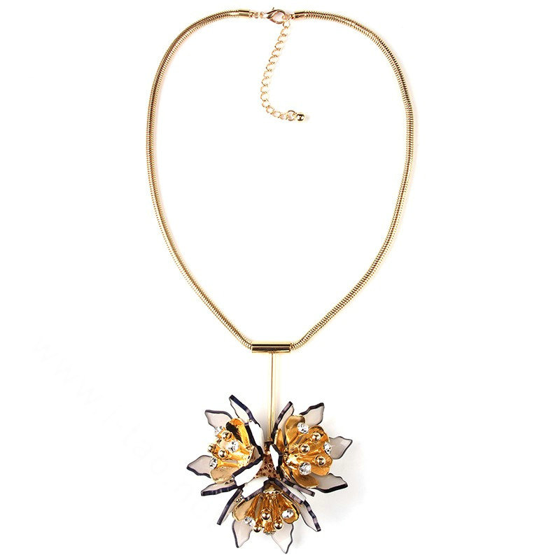 Unique Women Flowers Pendant Necklace Sweater Chain Dress Decro Jewelry - Black