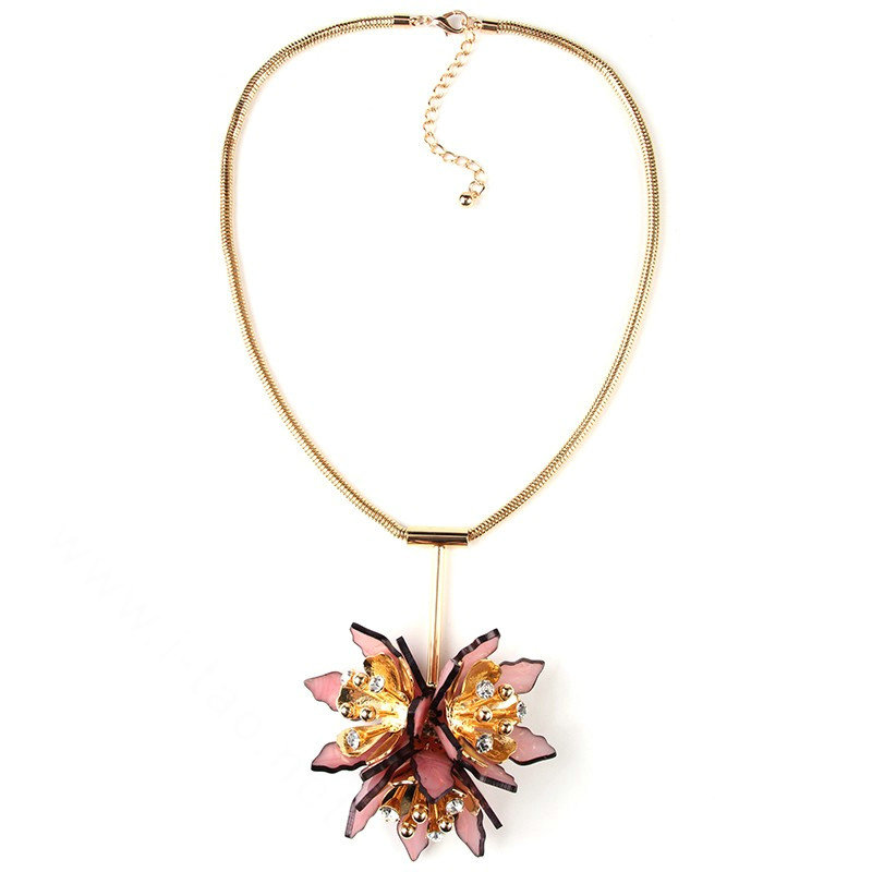 Unique Women Flowers Pendant Necklace Sweater Chain Dress Decro Jewelry - Pink