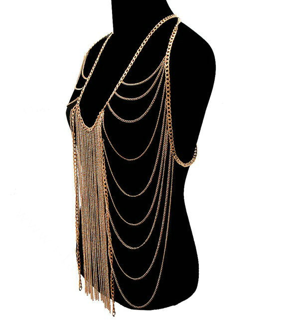 Wholesale Body Belly Waist Chain Tassel Alloy Showgirl Harness Long Necklace Jewelry - Gold