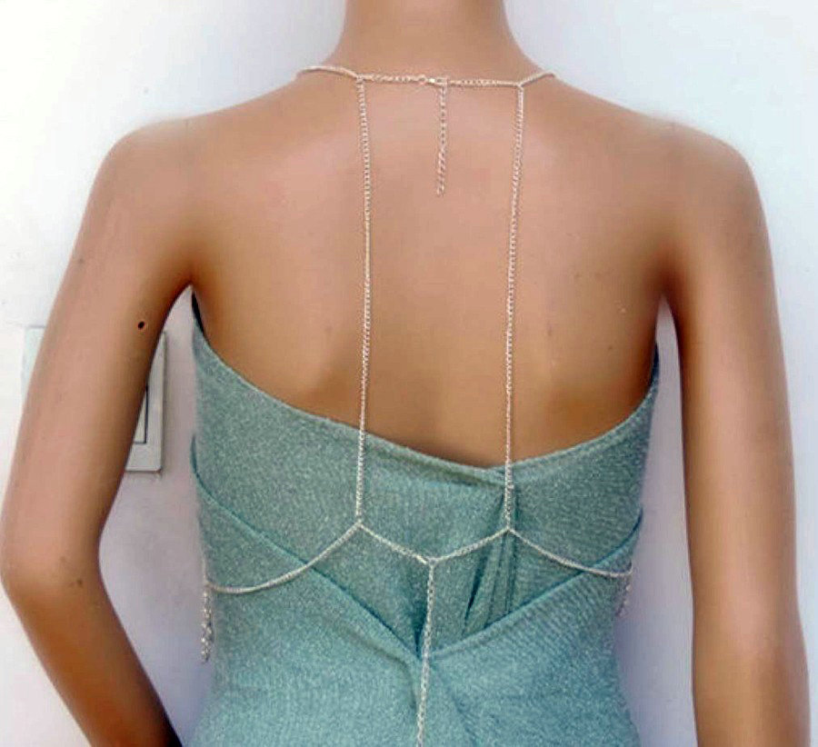 Women Calssic Pearls Body Chain Bikini Bra Slave Harness V Necklace Waist Jewelry - Gold