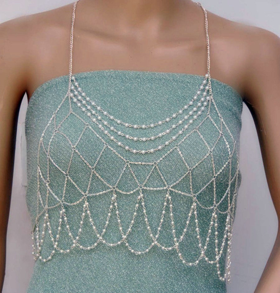 Women Calssic Pearls Body Chain Bikini Bra Slave Harness V Necklace Waist Jewelry - Silver