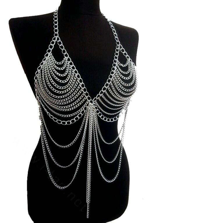 Women Calssic Tassel Body Chain Bikini Bra Slave Harness V Necklace Waist Jewelry - Silver