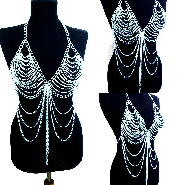 Women Calssic Tassel Body Chain Bikini Bra Slave Harness V Necklace Waist Jewelry - Silver