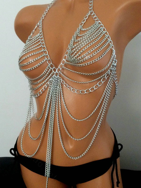Women Calssic Tassel Body Chain Bikini Bra Slave Harness V Necklace Waist Jewelry - Silver