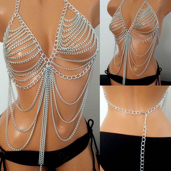 Women Calssic Tassel Body Chain Bikini Bra Slave Harness V Necklace Waist Jewelry - Silver