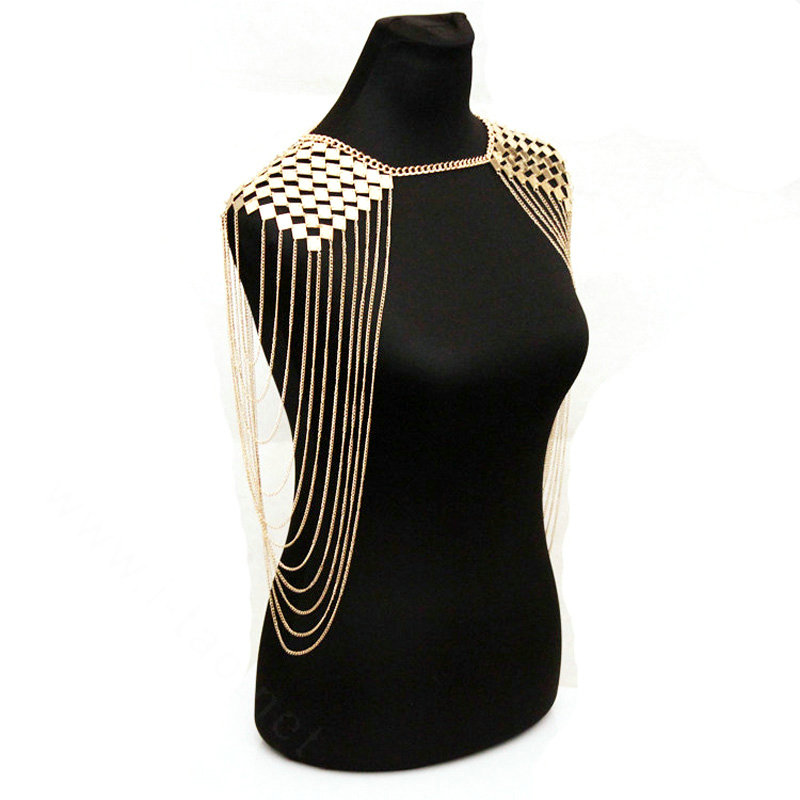 Women Exaggerated Heavy Multi layer Metal Tassel Shoulder Necklace Chain - Gold