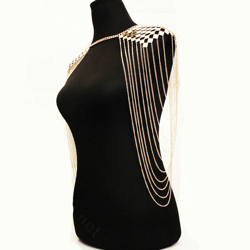 Women Exaggerated Heavy Multi layer Metal Tassel Shoulder Necklace Chain - Gold
