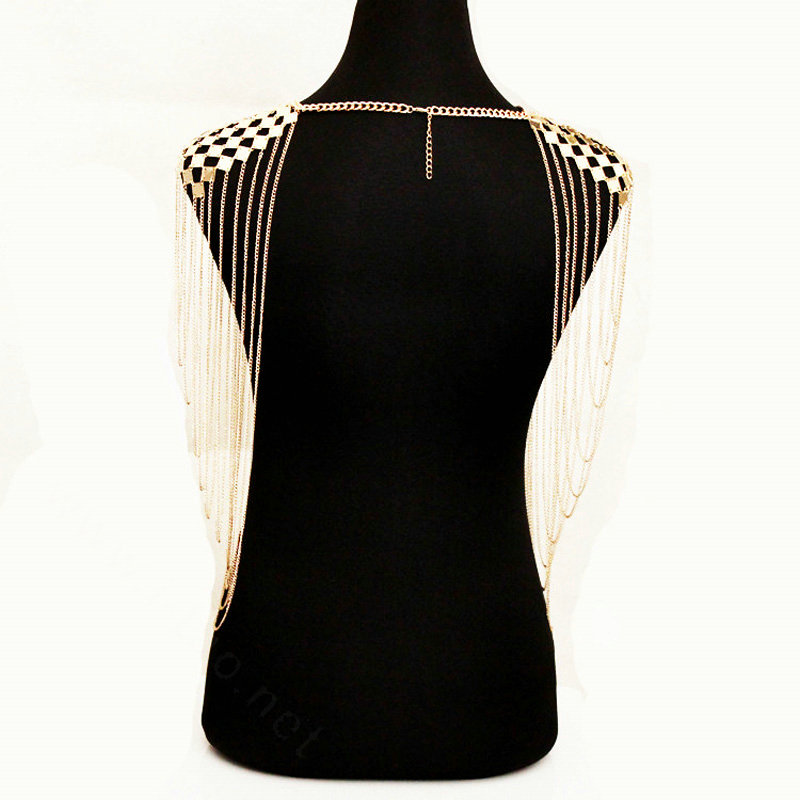 Women Exaggerated Heavy Multi layer Metal Tassel Shoulder Necklace Chain - Gold