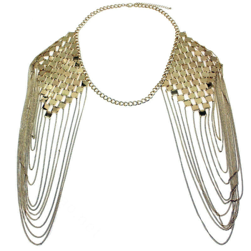 Women Exaggerated Heavy Multi layer Metal Tassel Shoulder Necklace Chain - Gold