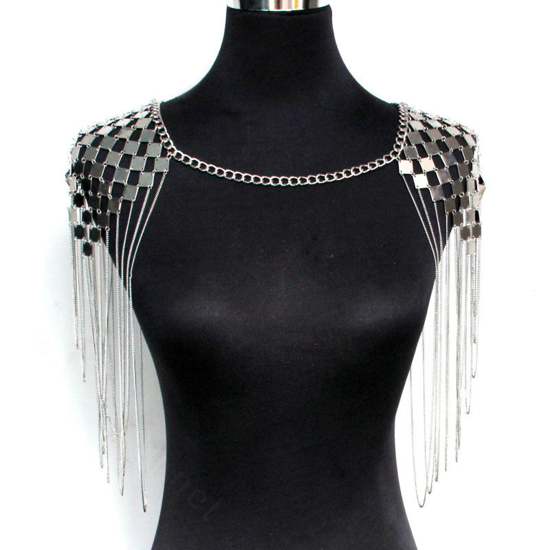 Women Exaggerated Heavy Multi layer Metal Tassel Shoulder Necklace Chain - Sliver