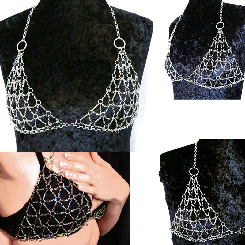 Women Sexy Mesh Body Chain Bra Slave Harness V Necklace Bikini Decor Jewelry - Gold