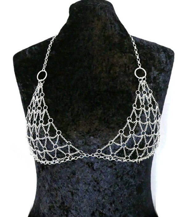 Women Sexy Mesh Body Chain Bra Slave Harness V Necklace Bikini Decor Jewelry - Silver