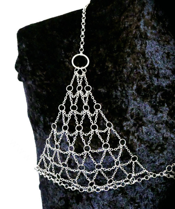 Women Sexy Mesh Body Chain Bra Slave Harness V Necklace Bikini Decor Jewelry - Silver