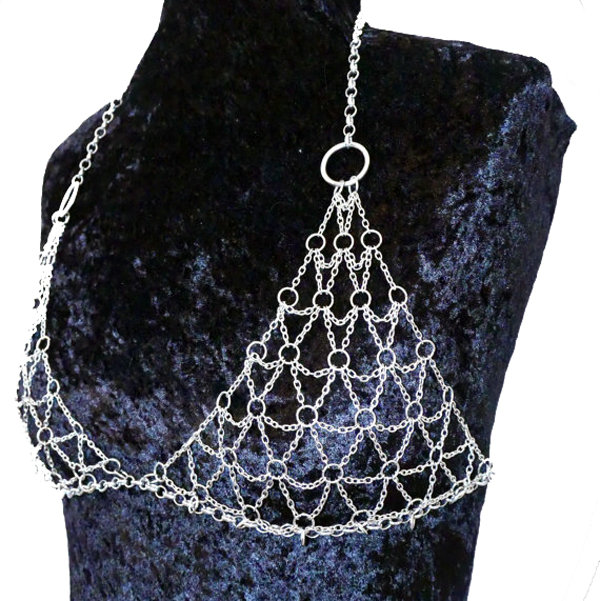 Women Sexy Mesh Body Chain Bra Slave Harness V Necklace Bikini Decor Jewelry - Silver
