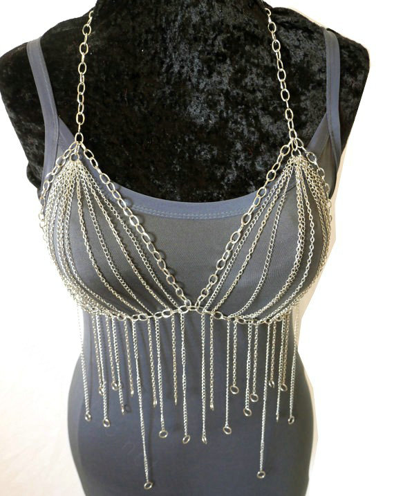 Women Sexy Tassel Body Chain Bikini Bra Slave Harness V Necklace Waist Jewelry - Silver