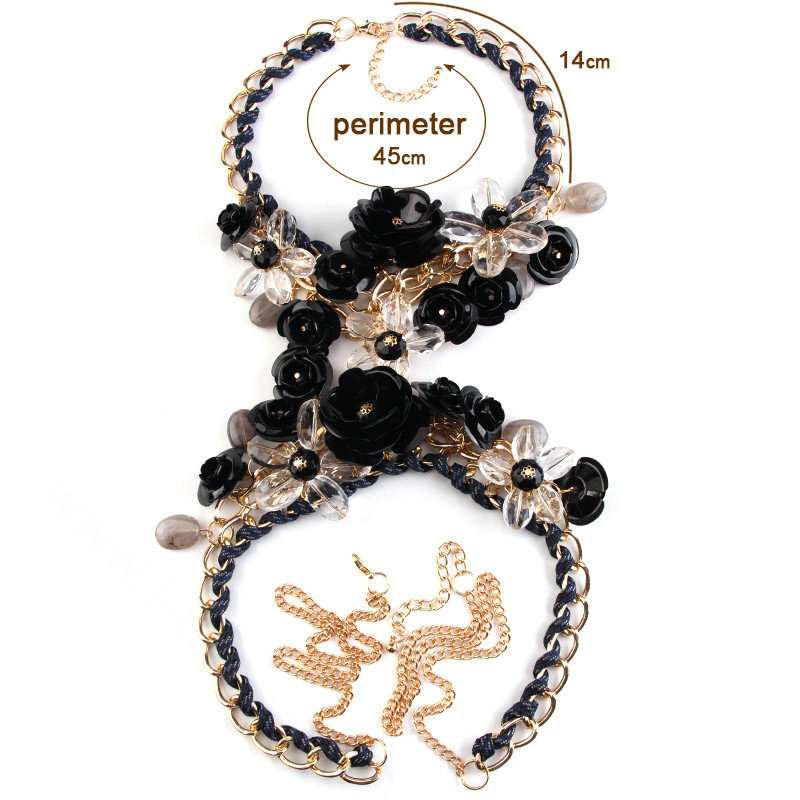 Women Trend Crystal Flower Pendant Necklace Bikini Beach Dress Decro Body Chain - Black