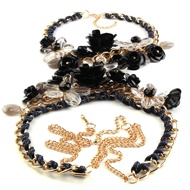 Women Trend Crystal Flower Pendant Necklace Bikini Beach Dress Decro Body Chain - Black