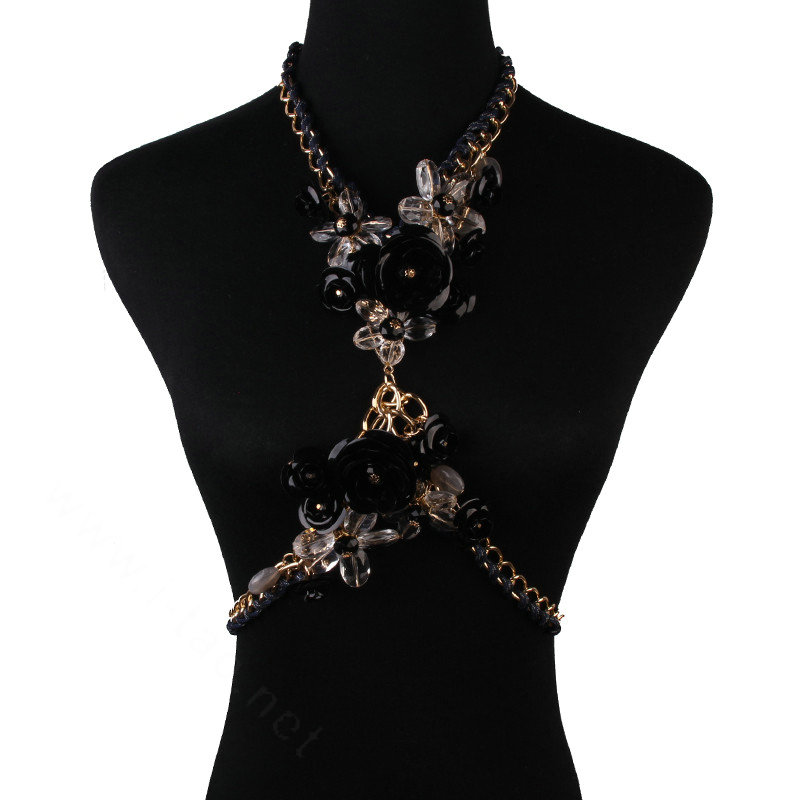 Women Trend Crystal Flower Pendant Necklace Bikini Beach Dress Decro Body Chain - Black