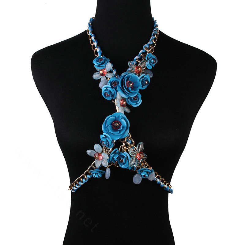 Women Trend Crystal Flower Pendant Necklace Bikini Beach Dress Decro Body Chain - Blue
