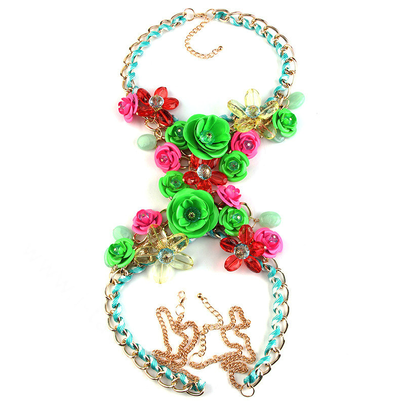 Women Trend Crystal Flower Pendant Necklace Bikini Beach Dress Decro Body Chain - Green