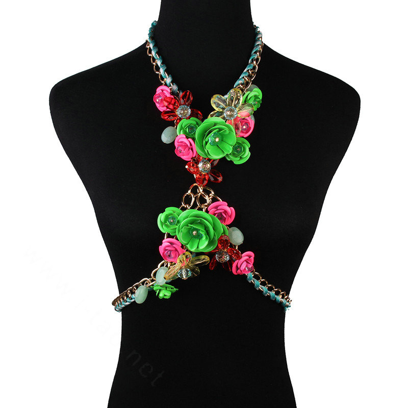 Women Trend Crystal Flower Pendant Necklace Bikini Beach Dress Decro Body Chain - Green