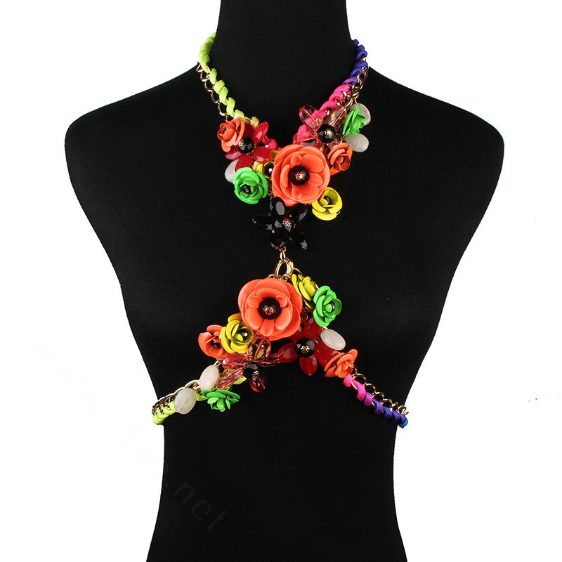 Women Trend Crystal Flower Pendant Necklace Bikini Beach Dress Decro Body Chain - Orange