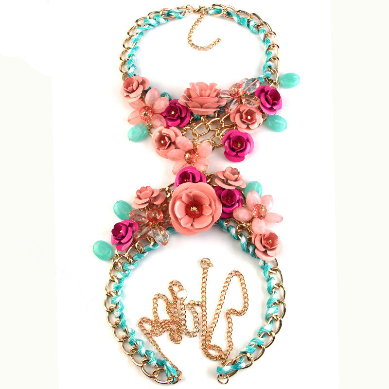 Women Trend Crystal Flower Pendant Necklace Bikini Beach Dress Decro Body Chain - Pink Blue