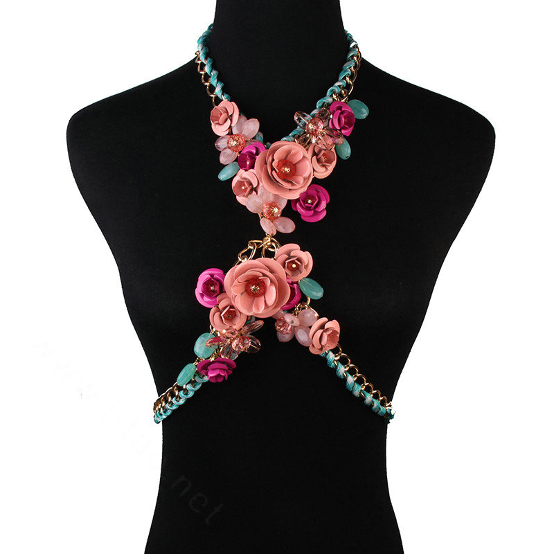 Women Trend Crystal Flower Pendant Necklace Bikini Beach Dress Decro Body Chain - Pink Blue