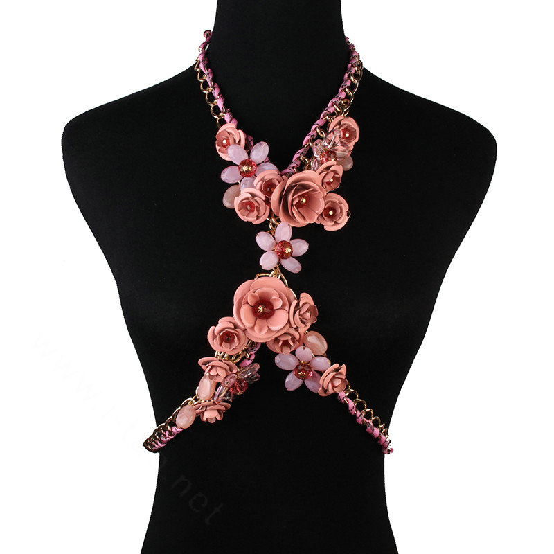 Women Trend Crystal Flower Pendant Necklace Bikini Beach Dress Decro Body Chain - Pink
