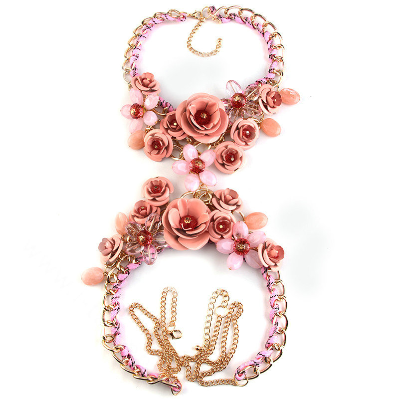 Women Trend Crystal Flower Pendant Necklace Bikini Beach Dress Decro Body Chain - Pink