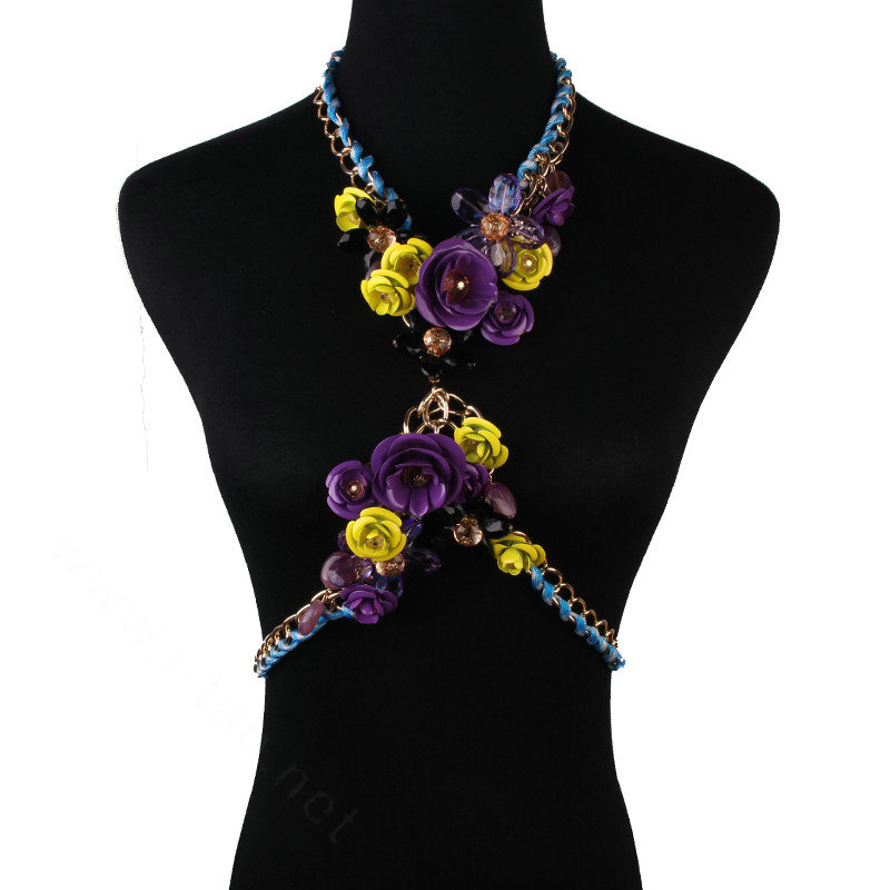 Women Trend Crystal Flower Pendant Necklace Bikini Beach Dress Decro Body Chain - Purple Yellow
