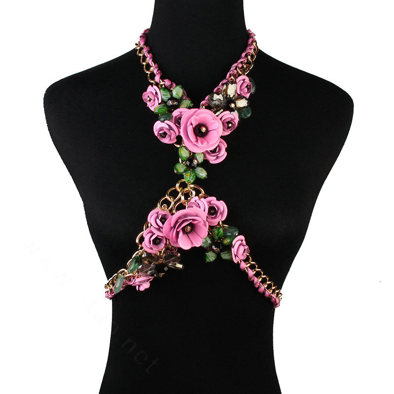 Women Trend Crystal Flower Pendant Necklace Bikini Beach Dress Decro Body Chain - Purple