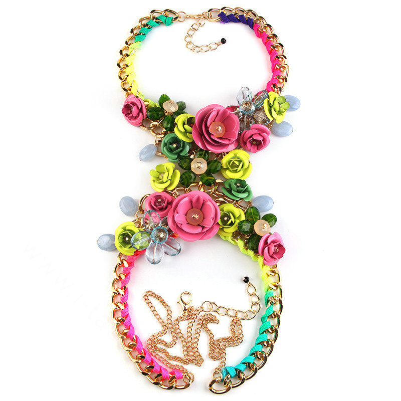 Women Trend Crystal Flower Pendant Necklace Bikini Beach Dress Decro Body Chain - Rose Green