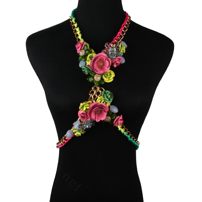 Women Trend Crystal Flower Pendant Necklace Bikini Beach Dress Decro Body Chain - Rose Green