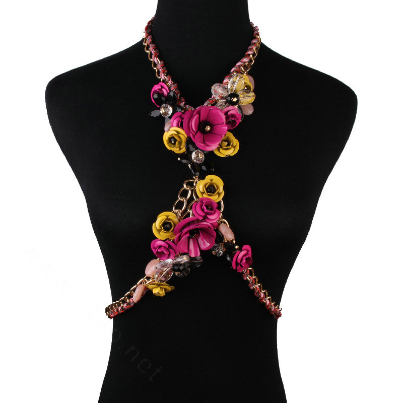 Women Trend Crystal Flower Pendant Necklace Bikini Beach Dress Decro Body Chain - Rose Yellow