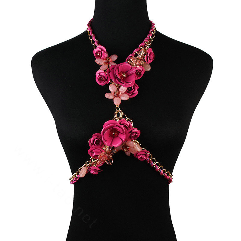 Women Trend Crystal Flower Pendant Necklace Bikini Beach Dress Decro Body Chain - Rose